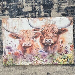 Highland Cow Canvas Art with Floral Accents
